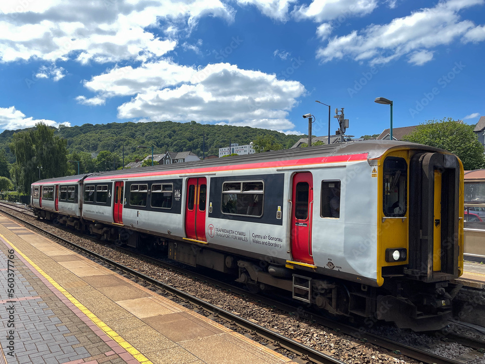 Treforest, Wales June 2022 Diesel commuter train arriving at