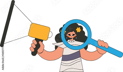 A woman with a megaphone, symbolizing the search for people in the labor market. The sphere of human resources.