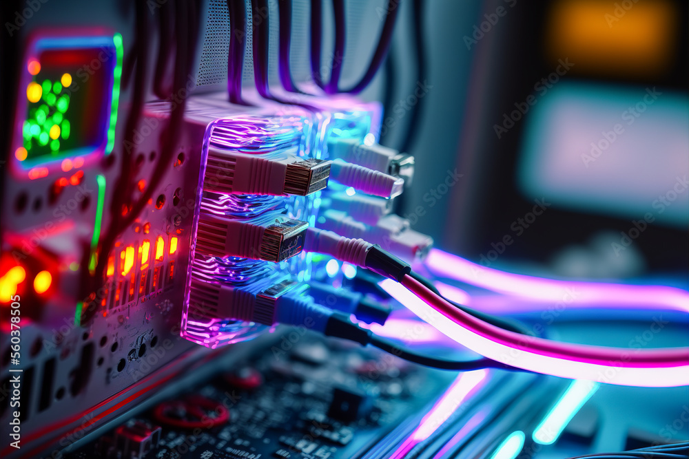 Fiber optic cable connection. Generative AI. Stock