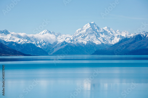 Mount Cook landscape reflection on Lake Pukaki, the highest mountain in New Zealand and popular travel destination photo