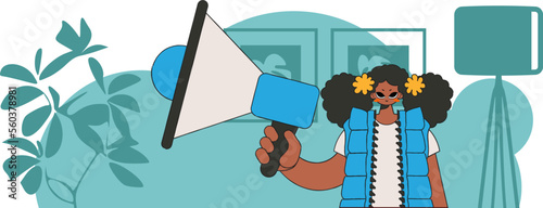 The concept of personnel search. A woman with a megaphone, symbolizing the search for people in the labor market.