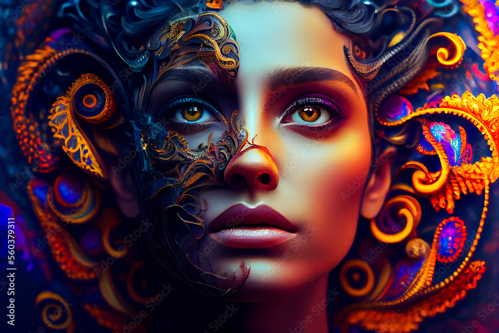  Beautiful woman surreal portrait with flowers and butterflies.  Generative AI.