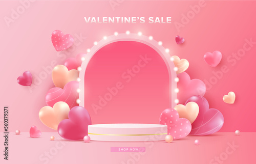 Happy Valentine's Day Sale Background with heart, podium on pink background. Promotion and shopping template for love and valentine's day concept.