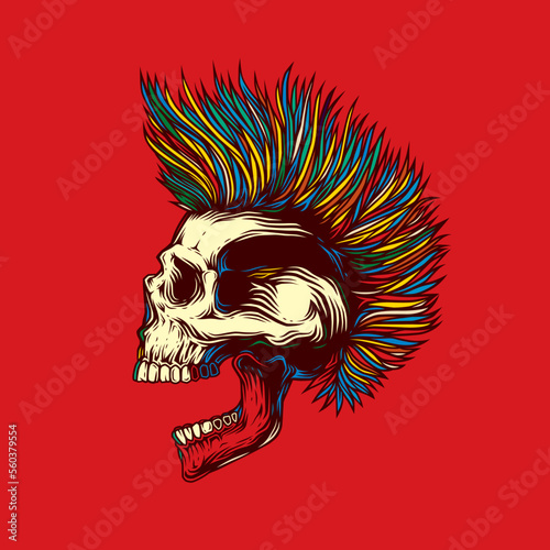 Abstract vector illustration. A skull with an open mouth and a punk rock hairstyle. T-shirt design, stickers, print.