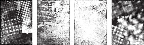 Glitch distorted grungy isolated layers . Design element for brochure, social media, posters, flyers. Overlay texture.Textured banner with Distress effect .Vector halftone dots . Screen print texture