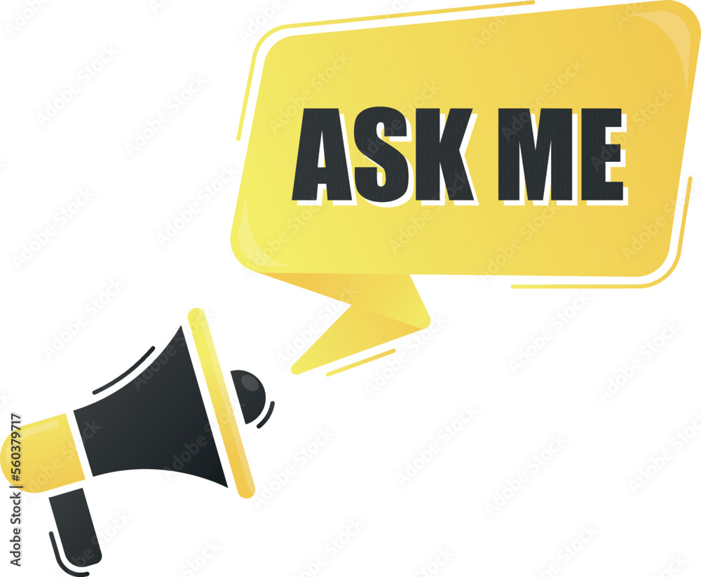 Megaphone ask me with on yellow background. Megaphone banner. Web design.