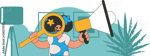 The concept of attracting employees. A woman with a megaphone, symbolizing the search for people in the labor market.