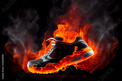  Sneakers on fire. Burning shoes. Generative AI.