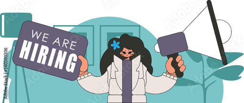 Topic Recruitment and search for personnel. A woman with a megaphone, symbolizing the search for people in the labor market.