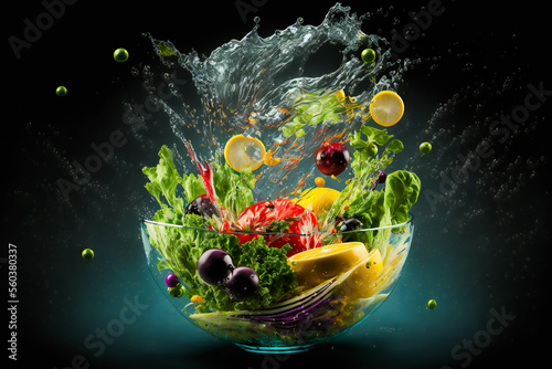 Fresh ingredients for salad falling into bowl on black background. Image created with Generative AI technology.