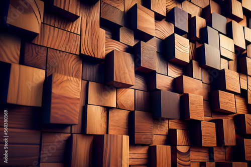  interior wall decorated with wood.   wooden background wall from cubes. Generative AI.
