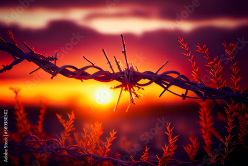 Barbed Wire On Sunset Sky Background.  Generative AI.