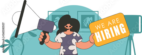 Topic Personnel search. Woman with a megaphone. labor market.