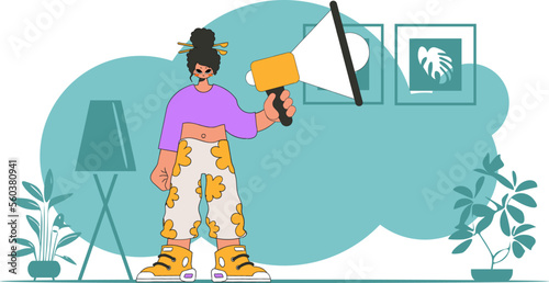 Topic Personnel search. A woman with a megaphone, symbolizing the search for people in the labor market.