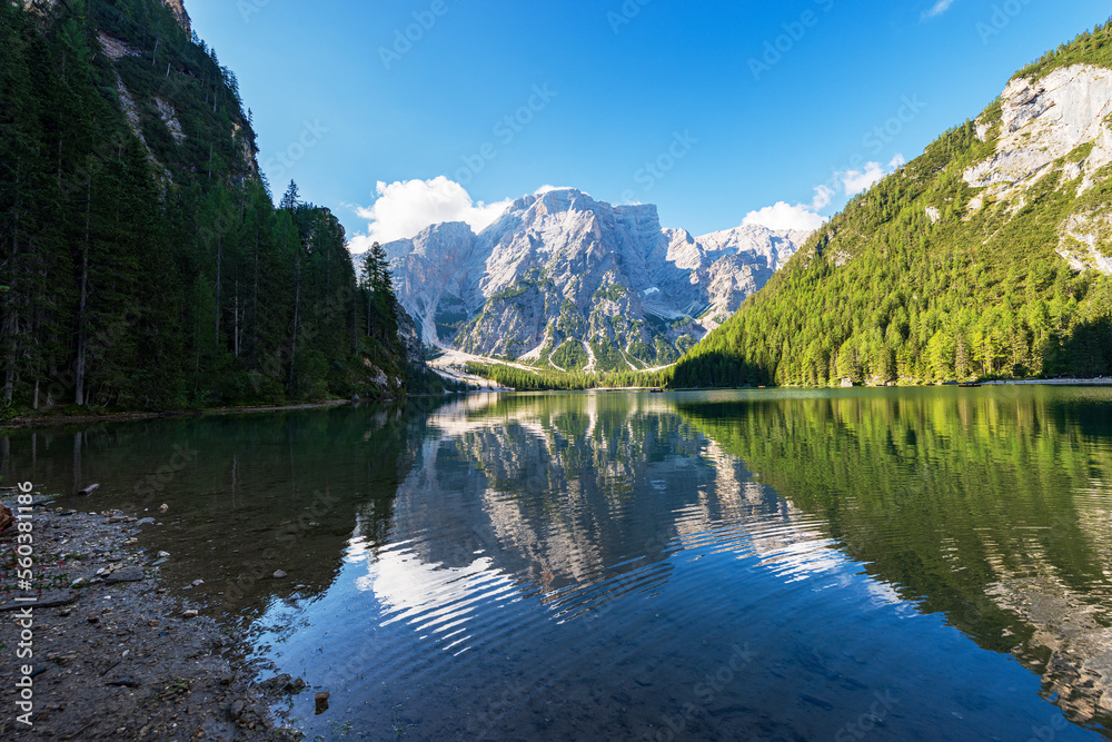 Lake Braies (Lago di Braies or Pragser Wildsee) and the Mountain peak of Croda del Becco or Seekofel, Dolomites, South Tyrol, Trentino-Alto Adige, Bolzano province, Italy, Europe.