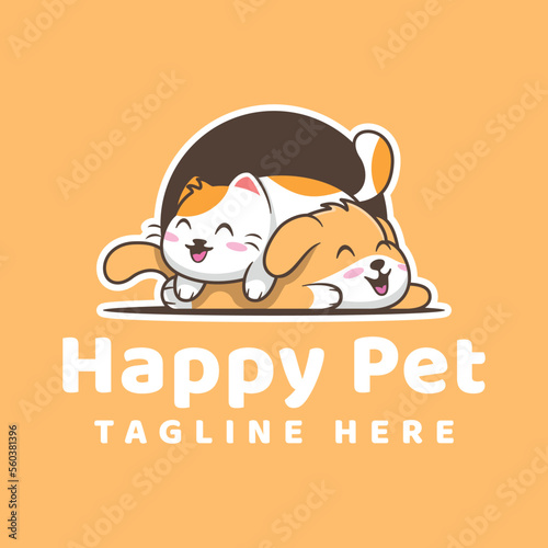 Happy pet care logo. Cat and dog playing together. Pet cartoon logo. Sticker.
