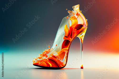 Crystal Glass Slipper. Women's shoe with heel. Image created with Generative AI technology.