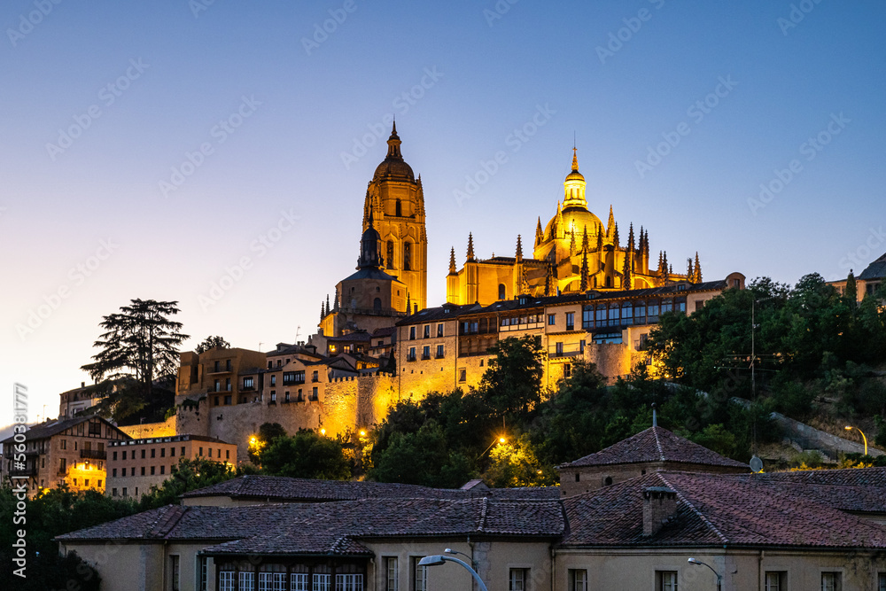 Nightview of the Catedral de Santa Maria de Segovia at Segovia, Castilla y Leon, Spain