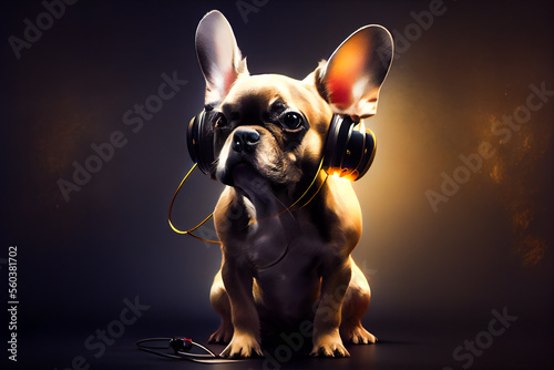 Dog with headphones.  Generative AI.