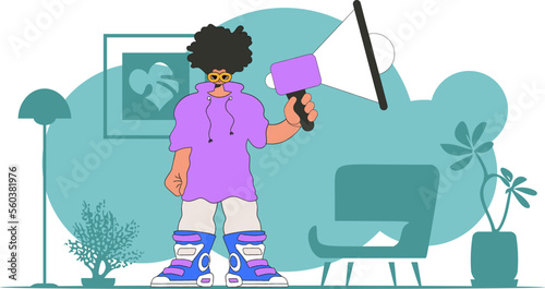 Topic Engagement of employees. A guy with a megaphone, symbolizing the search for people in the labor market.
