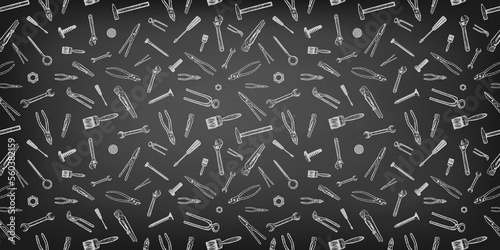 Construction sketch of hand tools on a blackboard background.