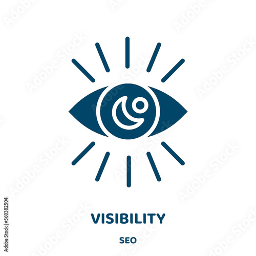 visibility vector icon from seo collection. view filled flat symbol for mobile concept and web design. Black eye glyph icon. Isolated sign, logo illustration. Vector graphics.