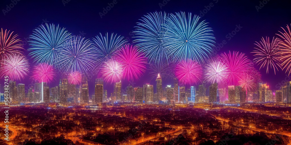 Obraz premium fireworks over Night city. Metropolitan city at night. Panoramic view on fireworks with urban cityscape skyline night scene. image created with generative AI