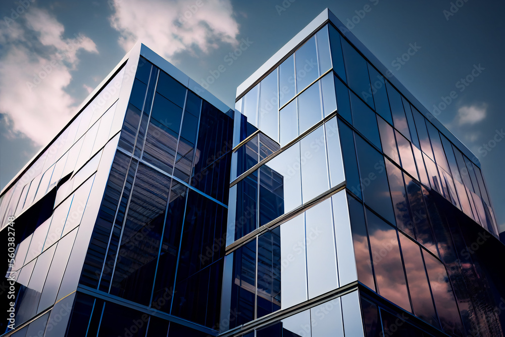 Glass building under blue sky and white clouds. Generative AI. Glass building under blue sky and white clouds. Generative AI.