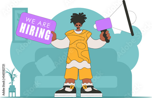 The theme is Human Resource. A guy with a megaphone, symbolizing the search for people in the labor market.