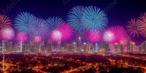 fireworks over Night city. Metropolitan city at night. Panoramic view on fireworks with urban cityscape skyline night scene. image created with generative AI