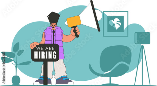 Topic Human resource and recruitment. Guy with a megaphone. labor market.