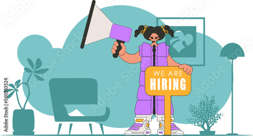 The theme is Human Resource. Girl with a megaphone. labor market.