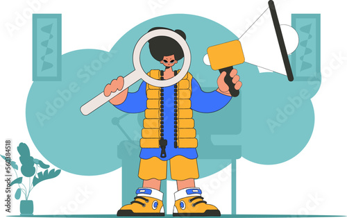 Topic Human resource and recruitment. A man holds a megaphone in his hands.
