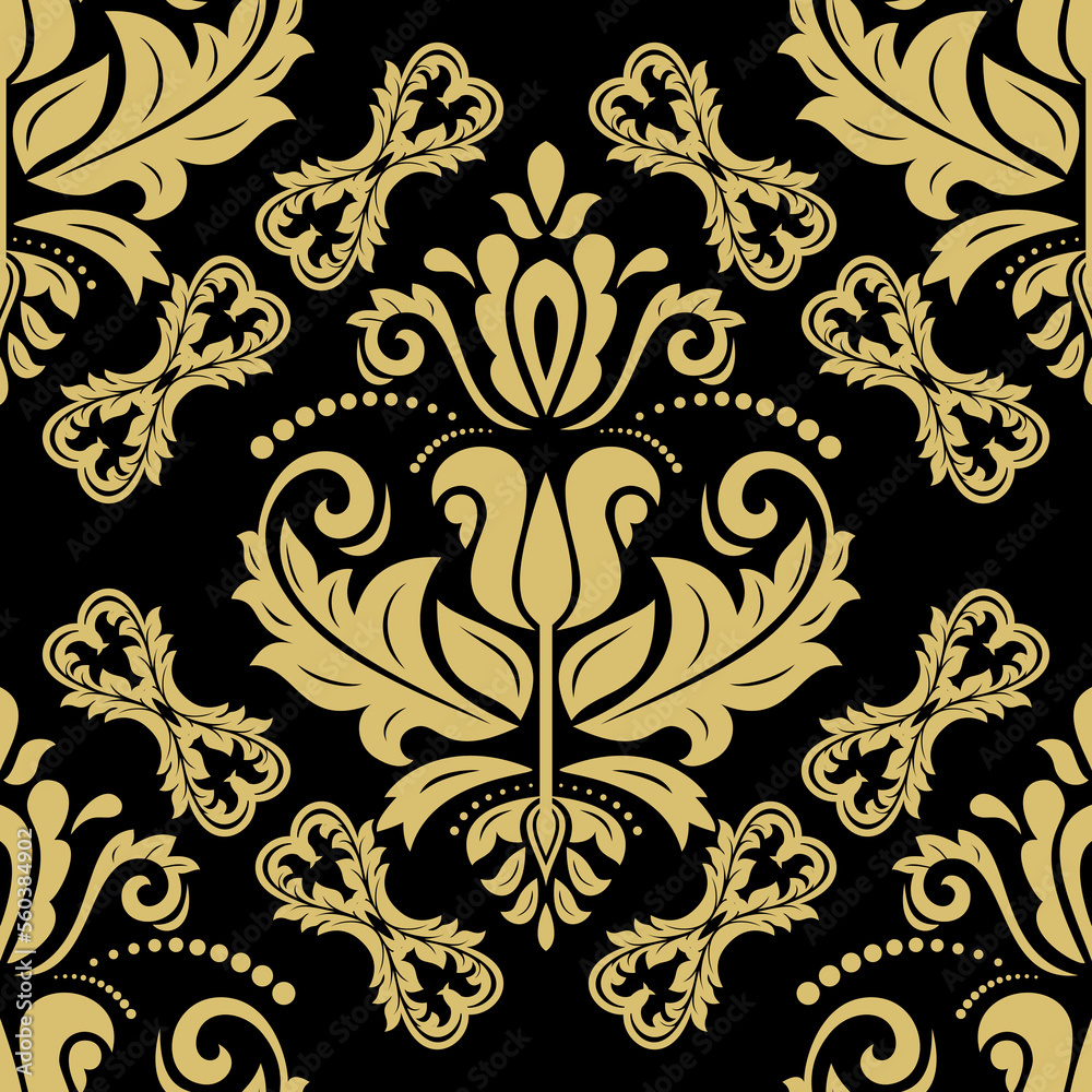 Classic seamless vector pattern. Damask black and golden orient ornament. Classic vintage background. Orient pattern for fabric, wallpapers and packaging