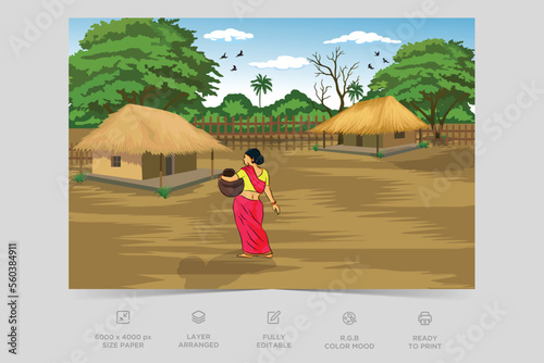 Indian Village Background Illustration. Rural mountain landscape and village vector illustration. A beautiful village with farmlands, trees, meadows and with mountains in the background.