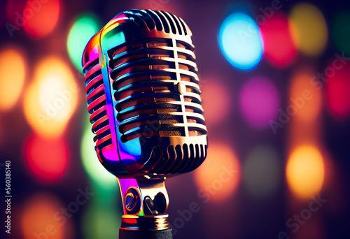 Retro Microphone On Stage With Bokeh Light. Generative AI.