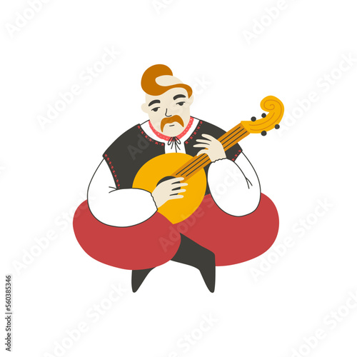 Ukrainian Cossack. A man sits and plays the kobza. Vector illustration of a character in a simple cartoon hand drawn style. Isolate on a white background.