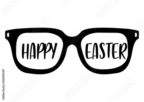 Logo aislado con silueta de gafas de sol con mensaje Happy Easter en texto manuscrito para su uso en invitaciones y tarjetas