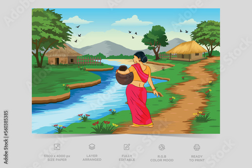 Indian Village Background Illustration. Rural mountain landscape and village vector illustration. A beautiful village with farmlands, trees, meadows and with mountains in the background.
