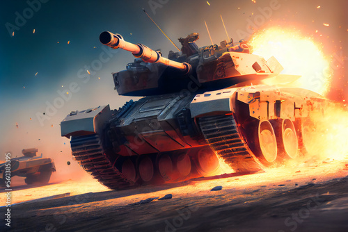 Shooting tank in war environment. Military Tank on Battlefield. Generative AI.