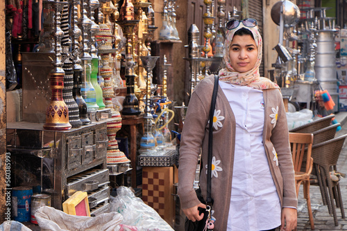 Khan El Khalili market in Islamic Cairo. a tourist with a market in khan El khalilii street in Islamic Cairo