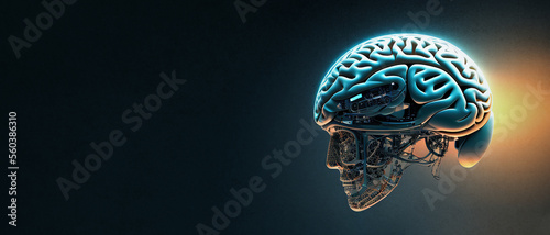 Artificial intelligence in humanoid head with neural network thinks. AI with Digital Brain is learning processing big data, analysis information. Technology background, banner, copy space