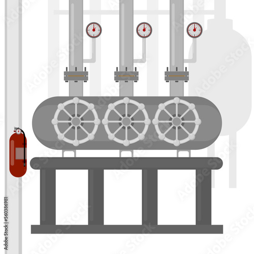 Industrial production, quality control, pipeline transportation, controlled by solenoid valves white background.