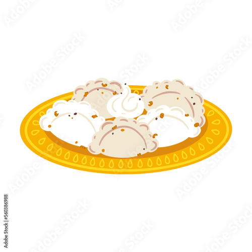 Dumplings with sour cream and crackers. A dish of Ukrainian national cuisine. Vector illustration in simple cartoon hand drawn style. Isolate on a white background.