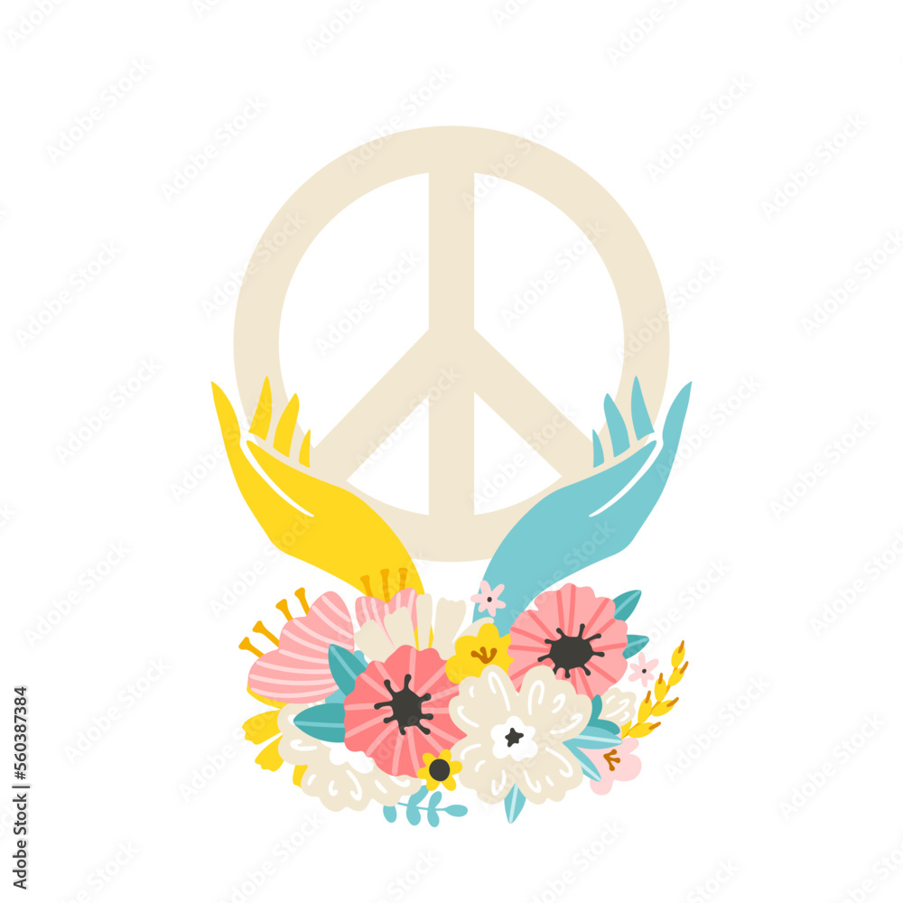 The sign of peace in yellow-blue hands with spring flowers as a symbol ...