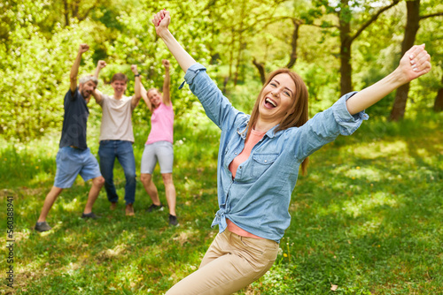 Happy woman rejoices in a competition victory