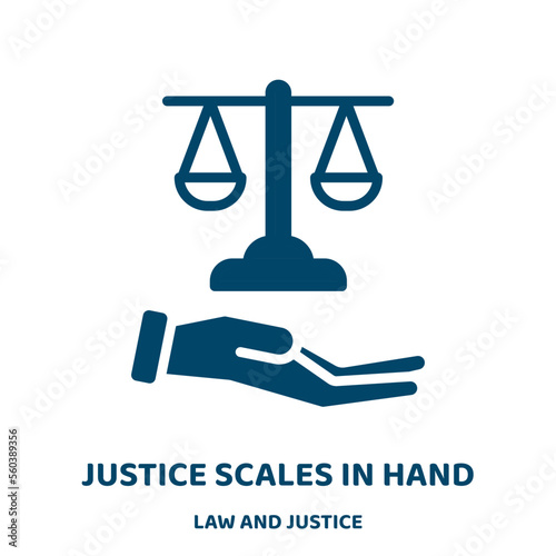 justice scales in hand vector icon from law and justice collection. justice filled flat symbol for mobile concept and web design. Black lawyer glyph icon. Isolated sign, logo illustration. Vector .