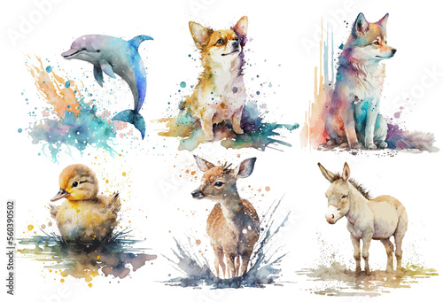 Safari Animal set dolphin, dog, wolf, goose, deer, donkey in watercolor style. Isolated vector illustration