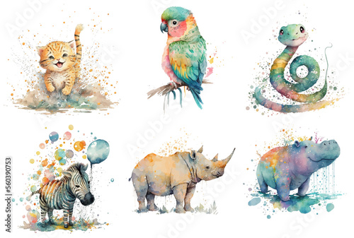 Safari Animal set Zebra, hippopotamus, parrot, snake, tiger, rhinoceros in watercolor style. Isolated vector illustration