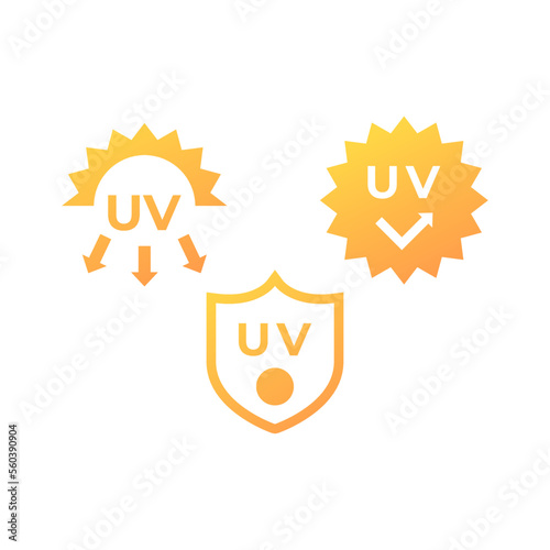 Ultraviolet protection, radiation sign. Sun danger and sunblock cream solution icon logo set collection label. Vector EPS 10